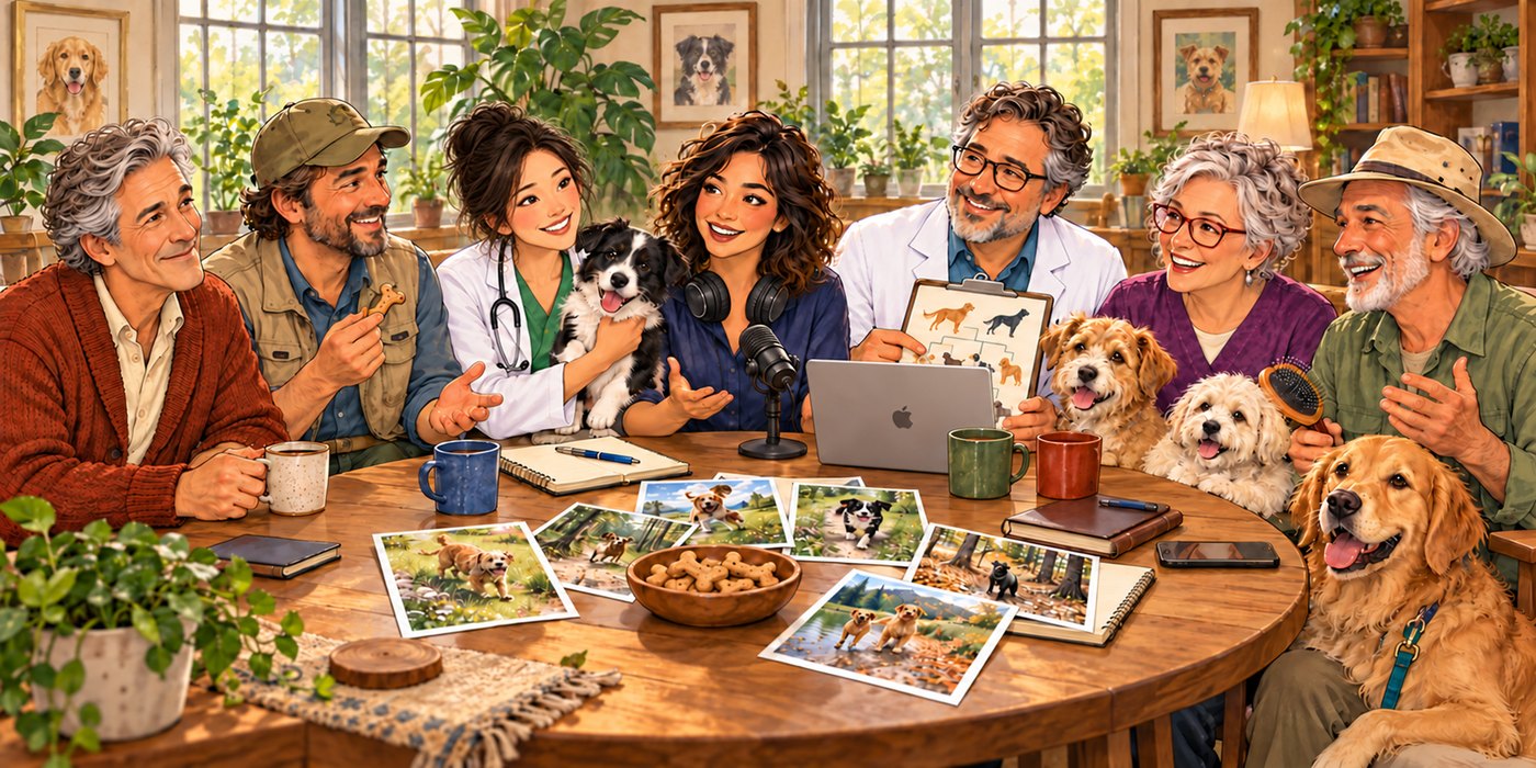 An illustration of the seven AI voices of the show and their dogs around a wooden table with coffee mugs, notebooks, printed dog photos, a laptop and a microphone. Left to right: Hal, Ed, Clara, Andria, Mike, Judy and Charles.